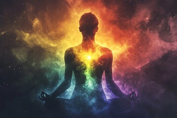 Serene figure in a meditative pose, enveloped in vibrant, cosmic energy. A fusion of calmness and vibrant power.