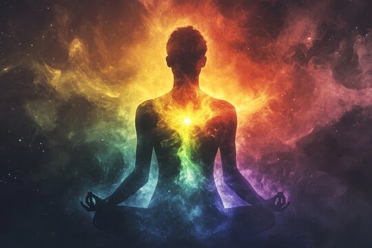 Serene figure in a meditative pose, enveloped in vibrant, cosmic energy. A fusion of calmness and vibrant power.
