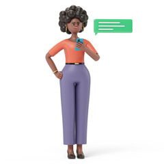 woman in business attire with phone and speech bubble, symbolizing communication. 3D rendering, conceptual image. Isolated on white background.