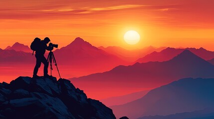 Silhouette of a photographer taking a picture on a mountain peak, sun rising behind them