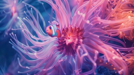 A vibrant underwater scene featuring a clownfish among colorful anemones.