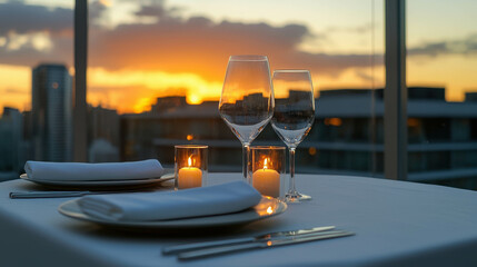 Obraz premium Romantic Evening Dinner Setup with Sunset View Over City Skyline at Fine Dining Restaurant