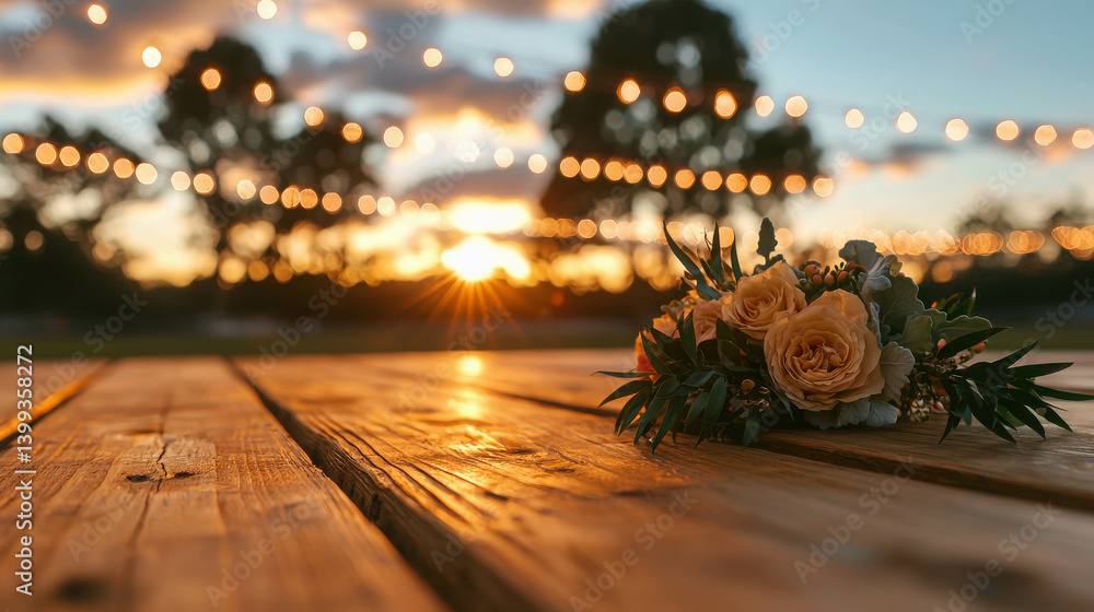 Poster sunset over wooden table with bouquet and string lights creating a romantic atmosphere