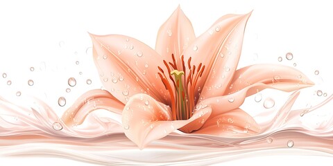 Close-up of peach lily flower with water droplets, in front of flowing cream background, for cosmetic use