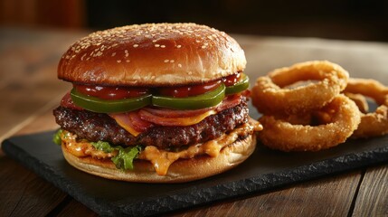 Delectable gourmet burger with crispy onion rings presented on a rustic wooden table top for foodies enjoyment