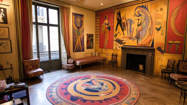 A vibrant Parisian interior with Art Deco murals and colorful furnishings.