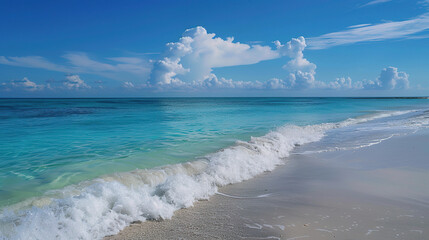 Fototapeta premium Tranquil Sea and Sandy Beach with Gentle Waves and Soft Sky, Peaceful Coastal Scene for Relaxed Mood