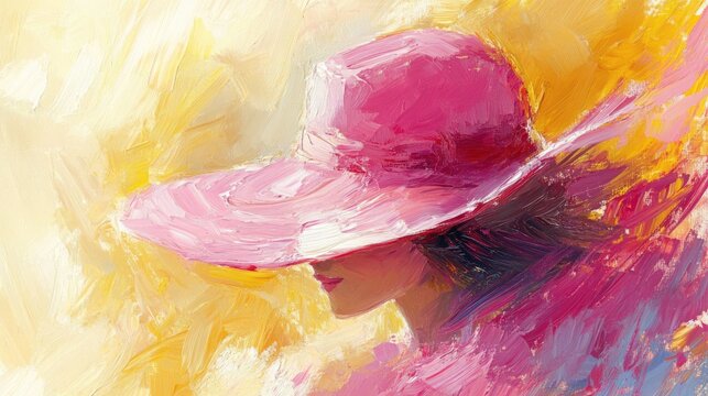 Impressionistic portrait of a woman in a pink hat