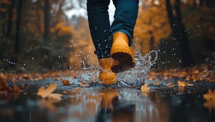 Fototapeta premium A person in yellow rain boots splashes through a puddle on a fall day. The scene is filled with warm autumn colors and the joyful energy of a rainy day.