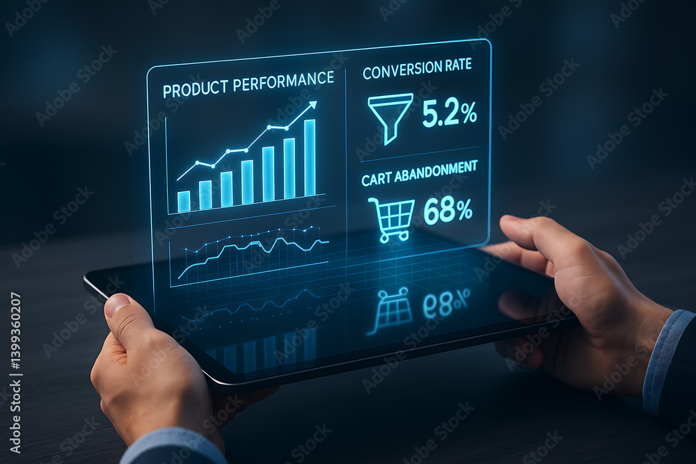 Poster hands holding digital tablet with holographic dashboard showing product performance metrics sales tr