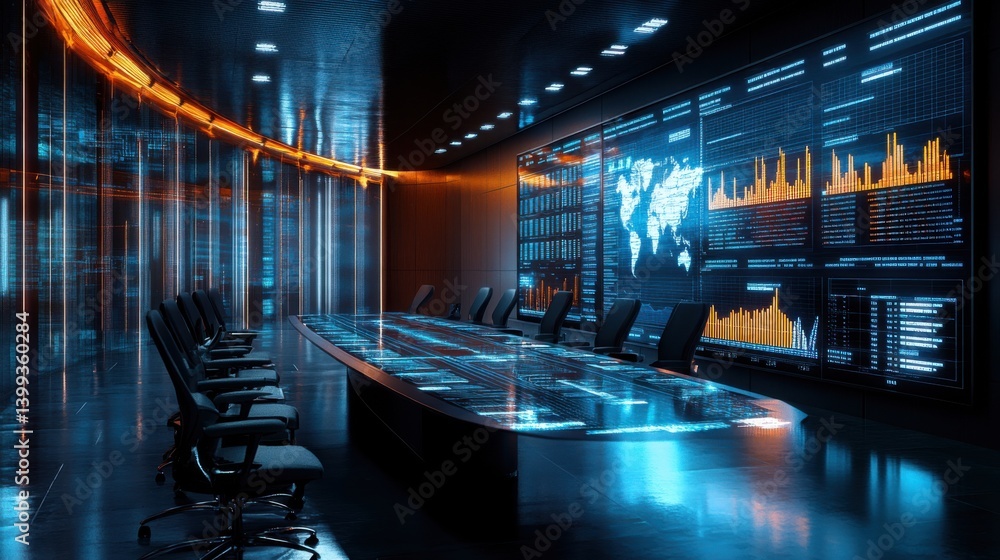 Aufkleber a futuristic conference room featuring a high-tech display wall with data visualizations and a sleek