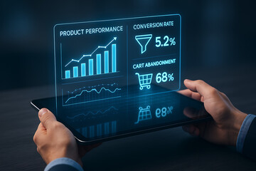 hands holding digital tablet with holographic dashboard showing product performance metrics sales trends conversion rate and cart abandonment analytics for ecommerce marketing strategy insight