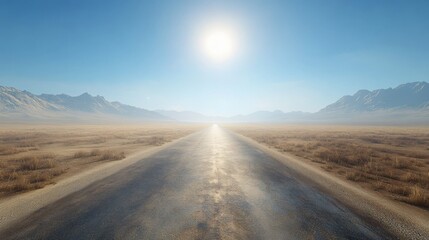 Naklejka premium A vast, sunlit road stretches through a barren landscape, flanked by mountains under a clear blue sky.