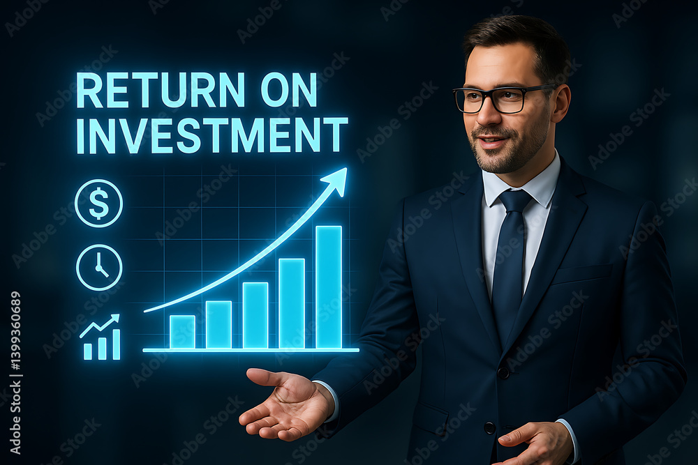 Poster businessman in suit presenting digital return on investment chart with holographic bar graph showing