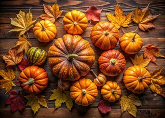 A photographic celebration of autumn: orange pumpkins, gourds, and fall vegetables create a festive Thanksgiving image.