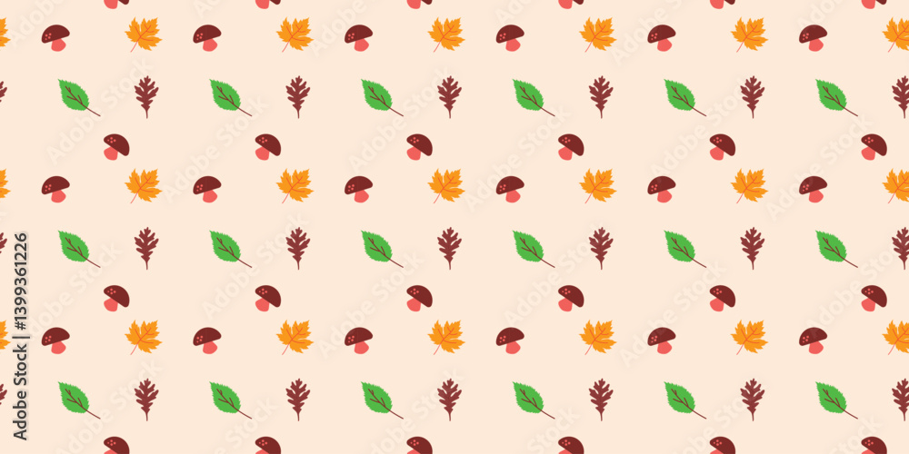Poster playful scatter seamless pattern with maple and oak leaves and mushroom. repeat background design fo