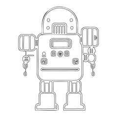 Line art drawing of cute retro robot character