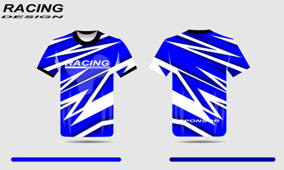 Dynamic blue racing jersey design featuring bold white stripes and sponsor branding