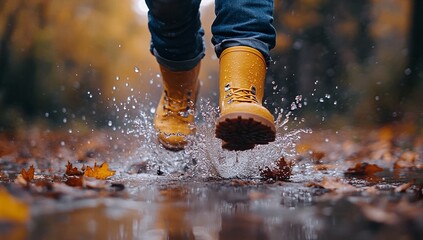 A person wearing yellow boots splashes through a puddle on an autumn day. The vibrant colors and joyful mood capture the essence of the season.