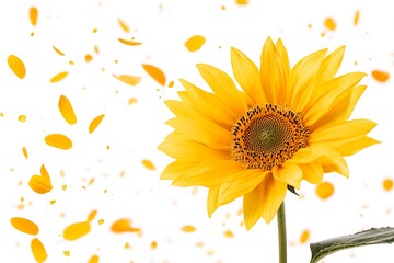Isolated sunflower with petals flying, bright background, for a nature or summer theme