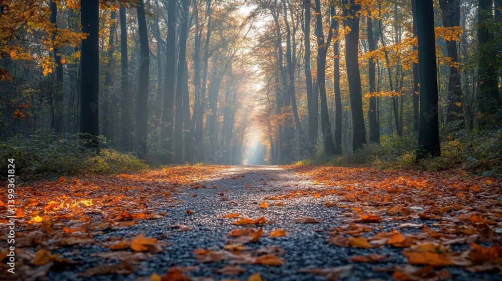 Poster a serene forest pathway lined with autumn leaves, illuminated by soft sunlight, creating a tranquil 