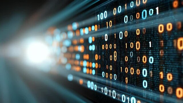 Digital stream of binary code with blue and orange numbers forming a pattern of data transmission toward a light
