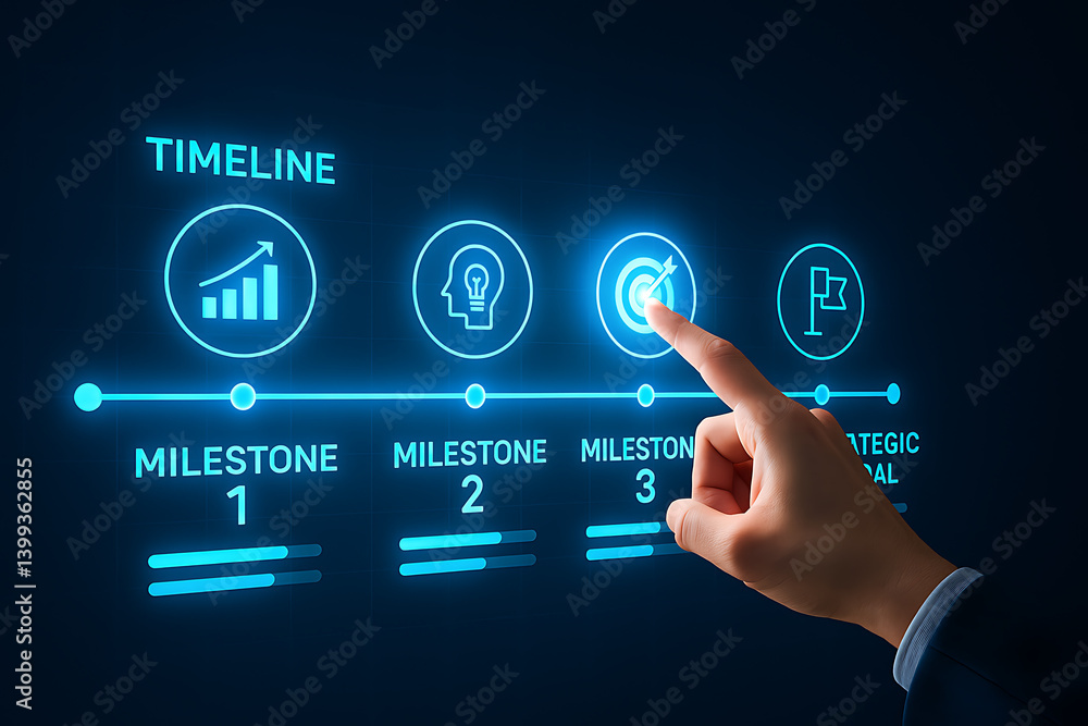 Aufkleber hand touching glowing digital timeline interface with business milestones progress tracking strategy