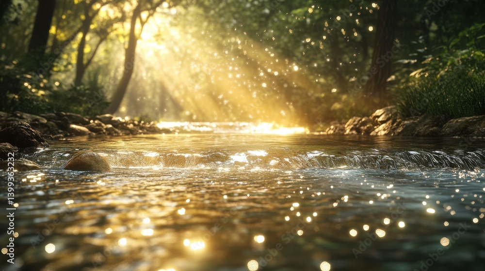 Poster a serene river flows through a lush forest, illuminated by golden sunlight filtering through the tre