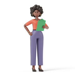 woman holding green folder, symbolizing organization or preparation of documents. 3D rendering, conceptual image. Isolated on white background.