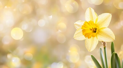 Fototapeta premium Single daffodil portrait with bokeh light spots shining for Easter seasonal greeting card