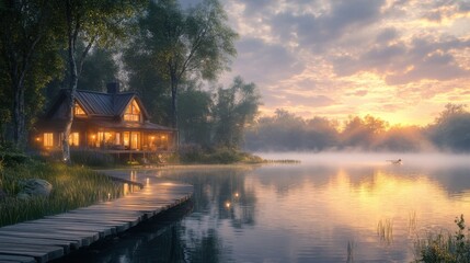 A serene lakeside cabin at sunset, surrounded by trees, reflecting on the water's surface, creating a peaceful atmosphere.