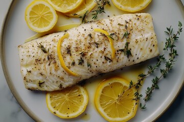 Baked Mediterranean sea bass on white plate with sliced lemons, thyme. Concept of baked Mediterranean sea bass accompanied by bright lemons, elegant presentation. Branzino al Forno.