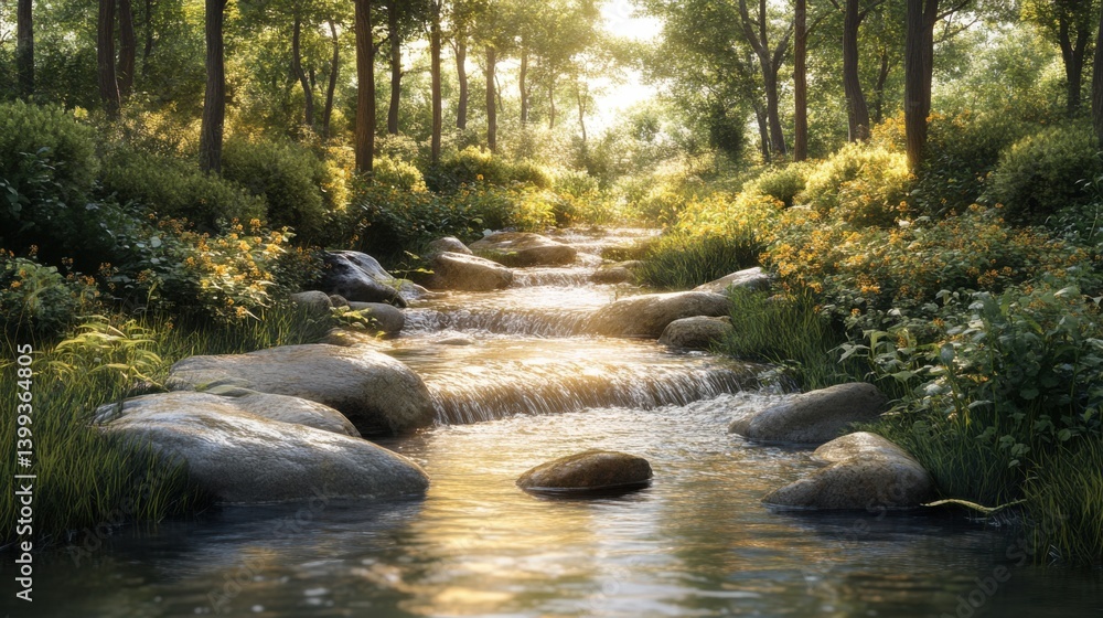 Poster a serene forest scene with a flowing stream, surrounded by greenery and illuminated by soft sunlight