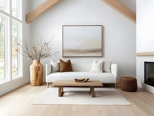 Bright and airy modern farmhouse style living room featuring exposed wooden ceiling beams a soothing neutral color scheme of soft whites grays and natural wood accents