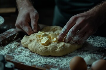 Fototapeta premium Hands kneading buttery sweet bread dough on wooden cutting board, butter cubes scattered. Concept of buttery sweet bread highlighting Brioche Vendeenne and baking process.