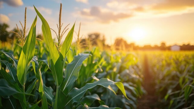 green corn field or maize field at agriculture farm in the morning sunrise	
