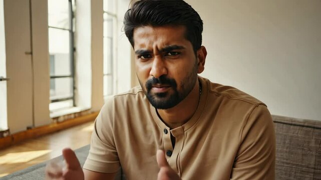 Worried man gestures while explaining a difficult situation in front of a bright window at home, expressing concern and frustration