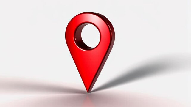 Single glossy red pinpoint marker, indicating the location, destination, or address on a clean, isolated, bright white surface.