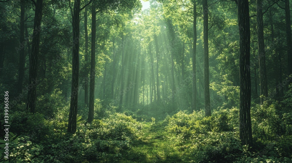 Poster a serene forest scene with sunlight filtering through tall trees, creating a peaceful atmosphere fil