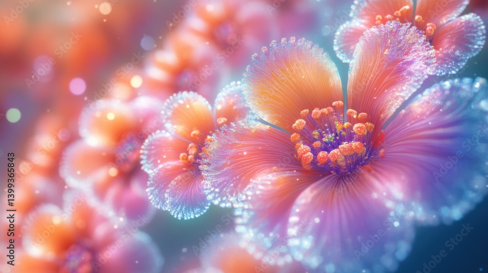 Poster a vibrant display of colorful flowers with intricate details and soft bokeh effects, creating a drea