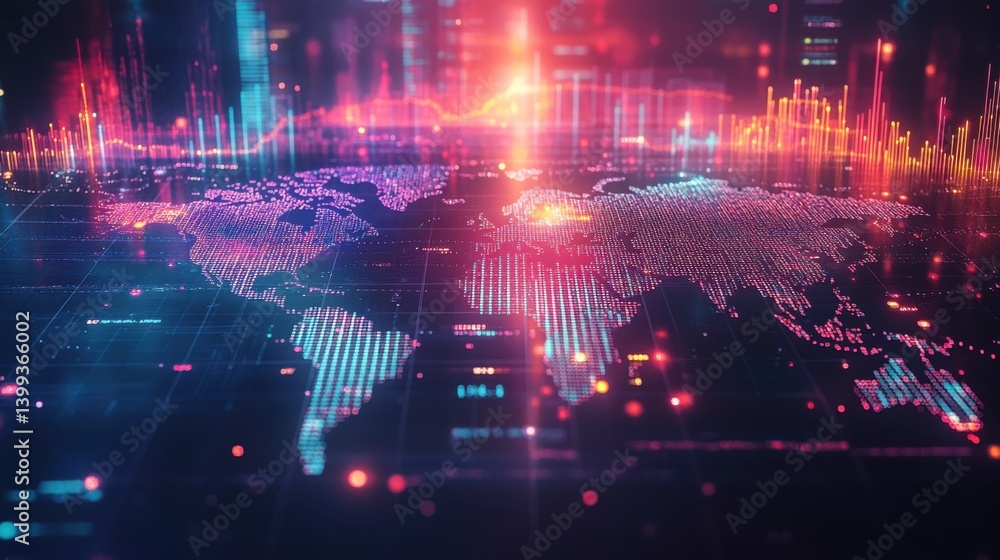 Poster a vibrant digital world map overlaid with colorful data visualizations, representing global connecti