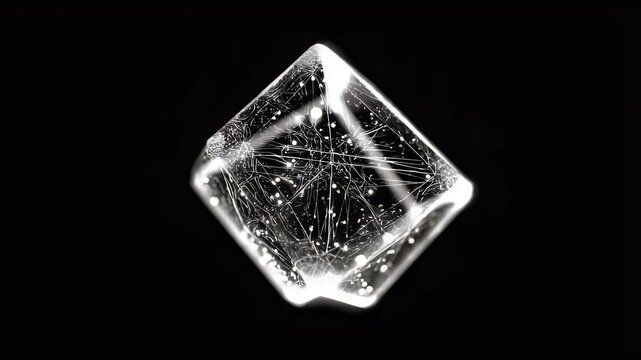 Abstract glowing cube with internal network of lines and light points, set against a stark black background, creating contrast