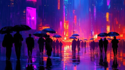Obraz premium Silhouette of a crowded city street, people walking with umbrellas under neon lights