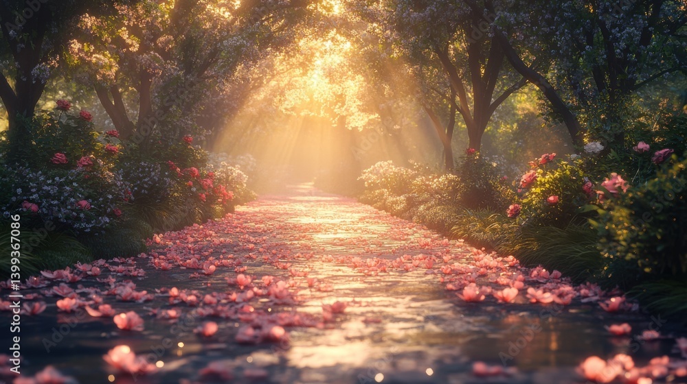 Poster a serene pathway lined with flower petals, illuminated by sunlight filtering through lush trees, cre