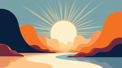 Sunset Landscape With Mountains And River