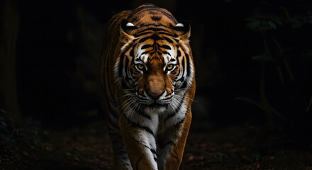Fototapeta premium A close up full tiger with eyes approaches in a dark environment