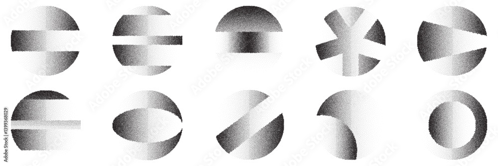 Poster set of circle shapes with grain effect. noise gradient textures. pointillism dots pattern. rectangul