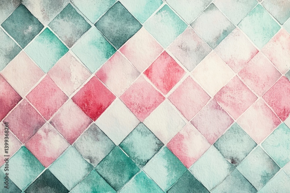 Poster a vibrant watercolor pattern featuring intersecting pastel squares in shades of pink. green. and blu