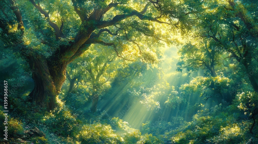 Poster a tranquil forest scene filled with lush greenery and soft sunlight filtering through the trees, cre
