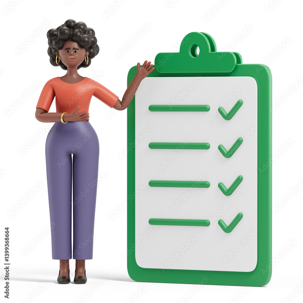 Poster woman presenting checklist with ticks, symbolizing completion of tasks or goals. 3d rendering, conce